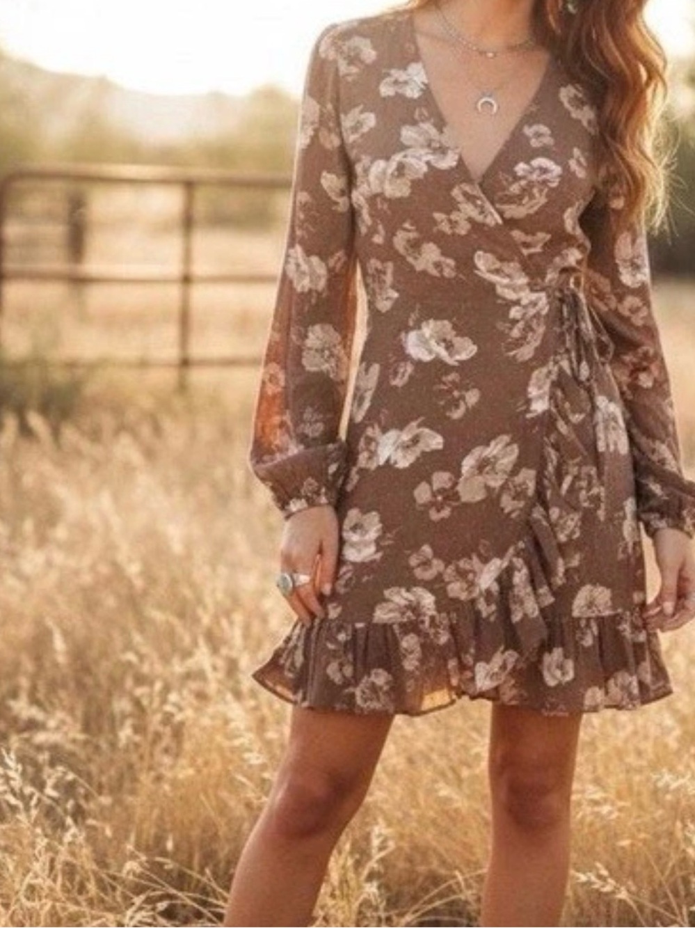 NWT Altar'd State Brown Floral Wrap Mini Dress V-Neck Long Sleeve Ruffle Lined M